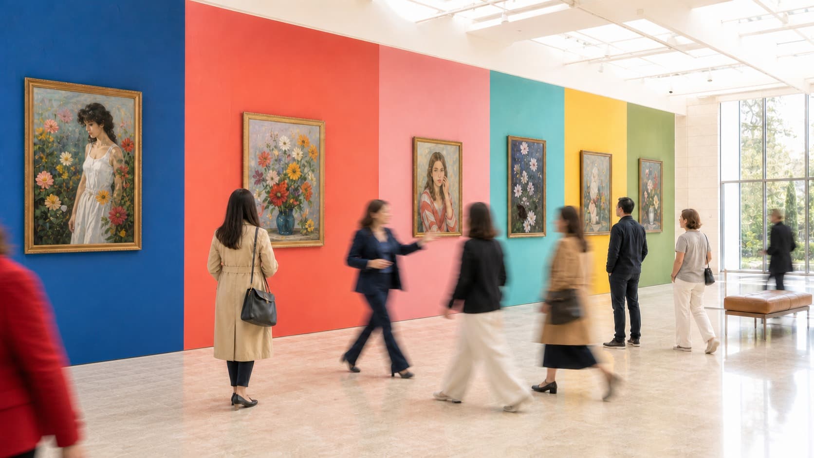 Visitors admiring colorful gallery walls of paintings at the Getty Center